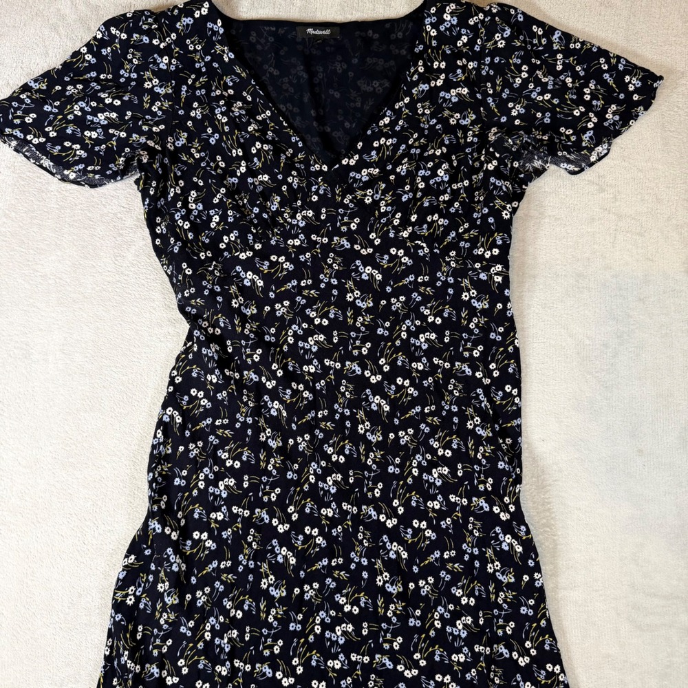 Madewell Floral V-Neck Midi Dress Black Blue White Short Sleeve NU512 SP25